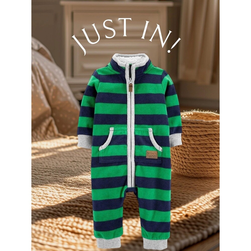 Carter's Baby Toddler Boys Fleece Striped Full Zip Romper Jumpsuit 24M Green